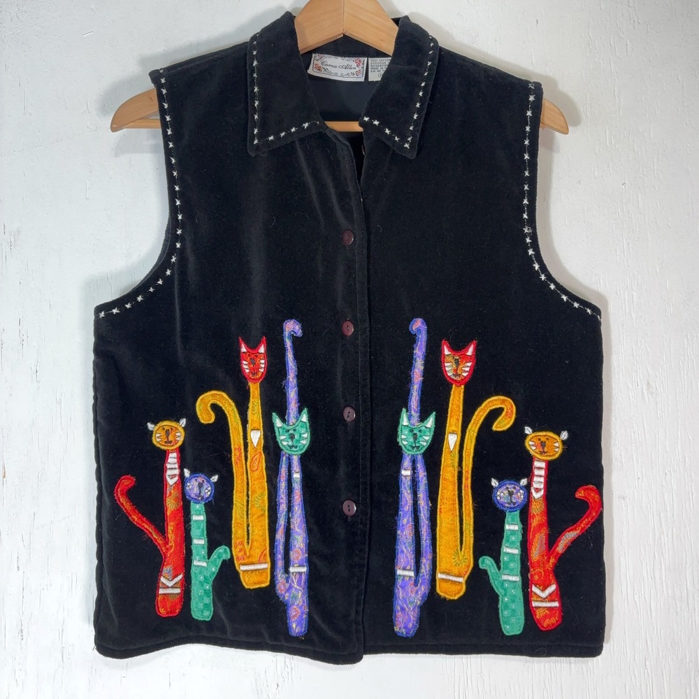 VTG 90s Carrie Allen Velvet Embroidered Cat Vest Womens M Whimsical Art to Wear